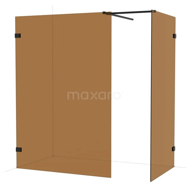 Diamond Walk-in shower | 140x100 cm Matte black Bronze glass 2 fixed walls IDB1410529MB Brown shower wall, frosted glass, corner setup with black fittings; stylish bathroom solution for privacy and modern design.