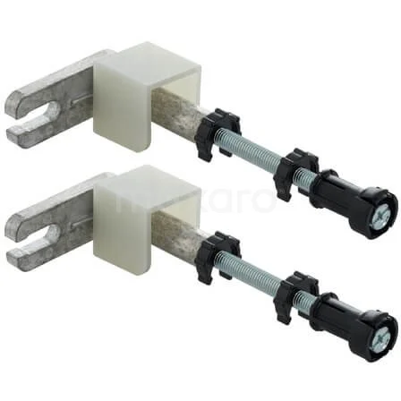 Zwei verstellbare Metallklemmschrauben mit Kunststoffblock, ideal für Badezimmerinstallationen und Sanitärbefestigungen.