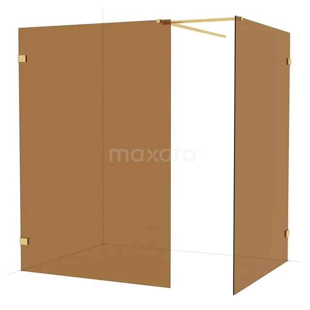 Moderne glazen douchewand in warme bruintint, minimalistisch design met goudkleurige accenten, ideaal voor stijlvolle badkamers.