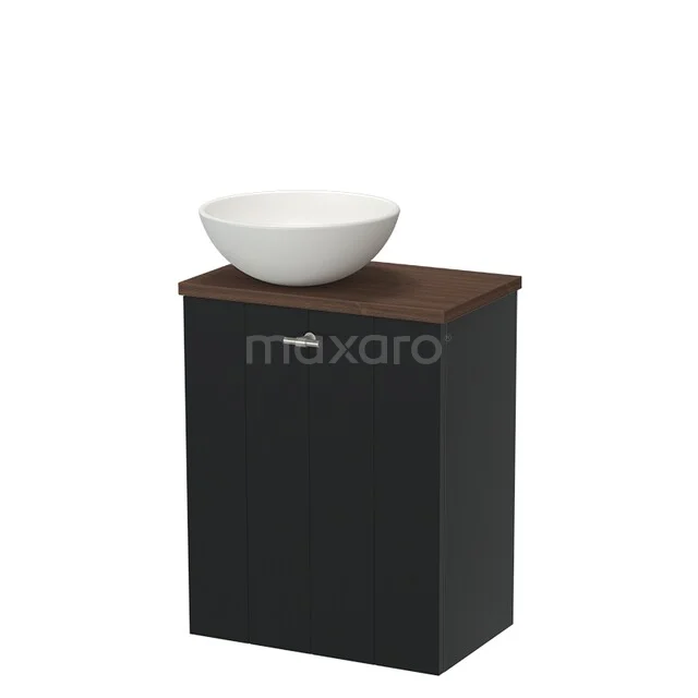 Schwarzes Badmöbel mit Holzlook Platte und rundem weißen Aufsatzwaschbecken, kompaktes Design ideal für moderne Bäder.