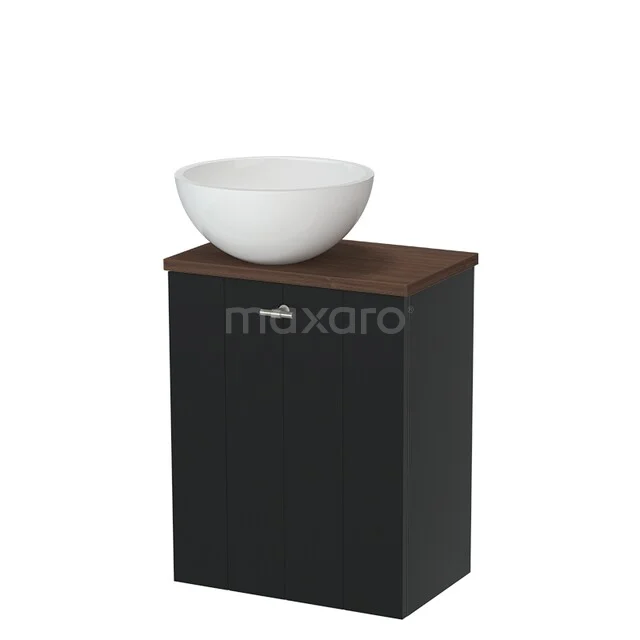 Toilet furniture with countertop wash basins TMK10-17854 Zwart badkamermeubel met houten blad en witte ronde wastafel, modern design, ideaal voor kleine badkamers.