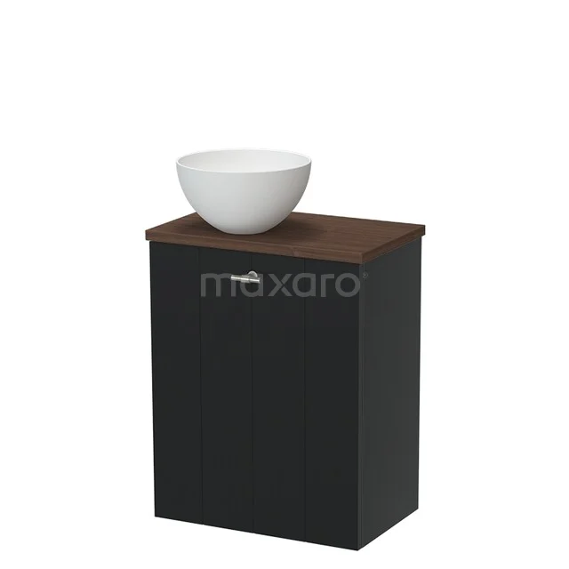 Toilet furniture with countertop wash basins TMK10-17856 Zwarte houten badkamerkast met walnoot bovenblad en witte keramische waskom, compact design voor moderne badkamers.