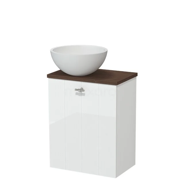 Toilet furniture with countertop wash basins TMK10-17868 Wit houten badkamermeubel met ronde wastafel, hoogglans afwerking en donker houten blad.