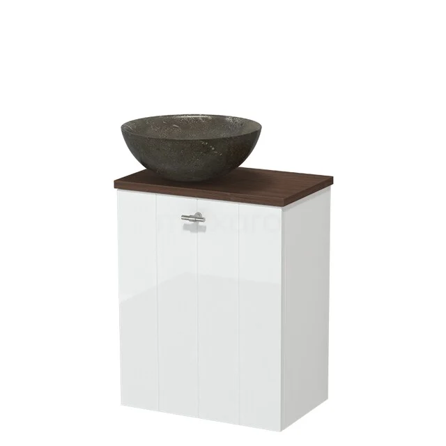 Toilet furniture with countertop wash basins TMK10-17873 Witte badkamerkast met houten blad en ronde stenen wastafel, ideaal voor een moderne badkamer inrichting.