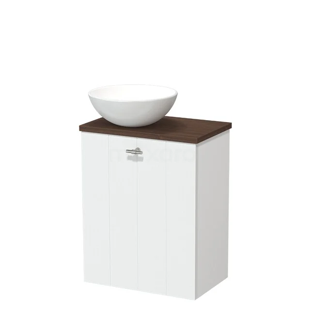 Toilet furniture with countertop wash basins TMK10-17876 Wit wastafelmeubel met houtlook blad en ronde keramische waskom, ideaal voor een moderne badkamer.