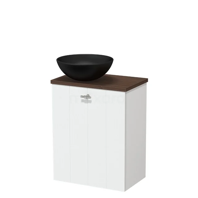 Wit houten badkamerkast met donker houten blad en zwarte komvormige wastafel, ideaal voor moderne badkamerinrichting.