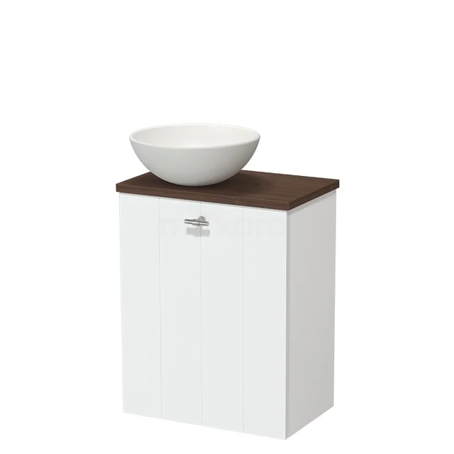 Toilet furniture with countertop wash basins TMK10-17879 Wit badkamermeubel met donker houten blad en ronde waskom, compact design voor moderne badkamers.