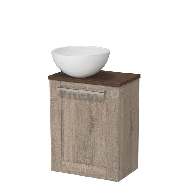 Toilet furniture with countertop wash basins TMK10-17893 Houten badkamermeubel met eikenhout look en witte waskom, compact ontwerp geschikt voor kleine badkamers.