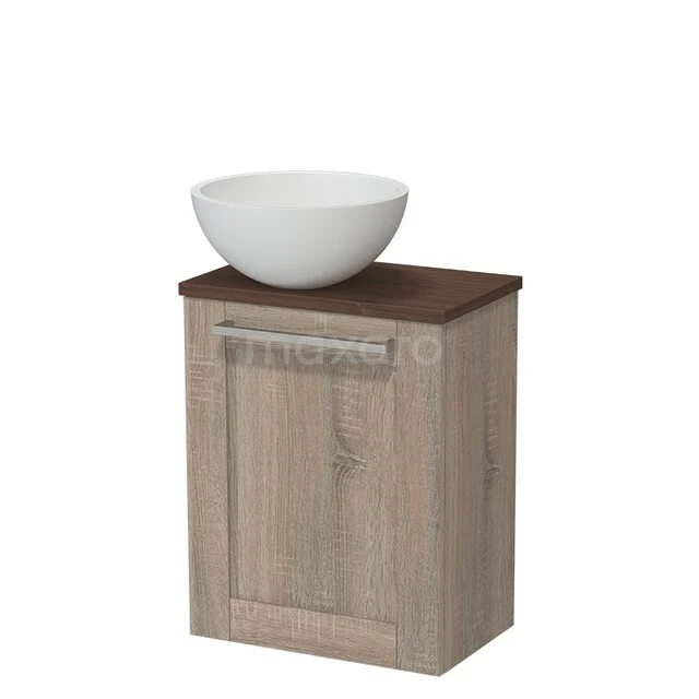 Modulo Pico Toiletmeubel met waskom | 41 cm Eiken Kader front Solid surface waskom TMK10-17894 Houten badkamermeubel met taupe kast, witte keramische waskom en donkerhouten blad, ideaal voor moderne badkamers.