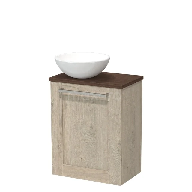 Toilet furniture with countertop wash basins TMK10-17902 Houten badkamerkast met wit keramische waskom, eikenlook onderkast en donkerbruin blad, ideaal voor moderne badkamers.