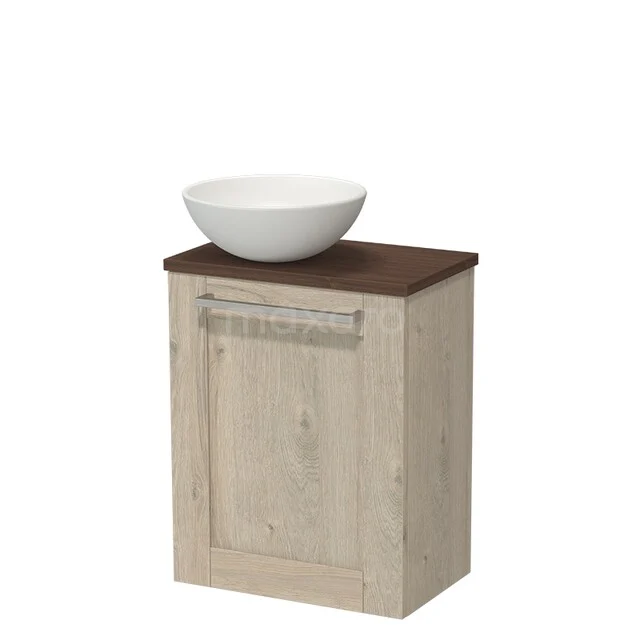 WC-Möbel mit Aufsatzwaschbecken TMK10-17905 Holz Badschrank mit weißem Waschbecken, Eiche-Finish und metallischem Haltegriff. Kompaktes Design für ein modernes Badezimmer.