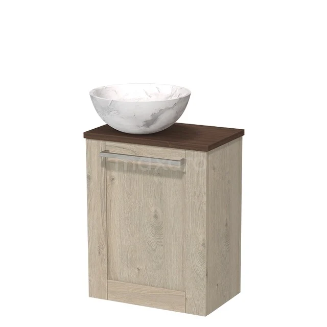 Toilet furniture with countertop wash basins TMK10-17909 Compact houten badkamerkastje met glazen wastafel in marmerlook, ideaal voor moderne badkamerinrichting.