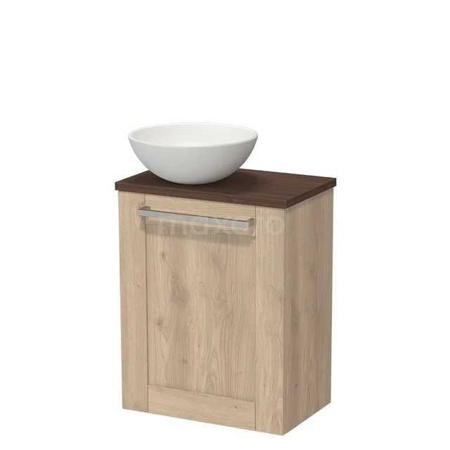 Toilet furniture with countertop wash basins TMK10-17918 Houten badkamerkast met witte komvormige wasbak, donkerbruin blad, handgreep en compact design ideaal voor kleine badkamers.