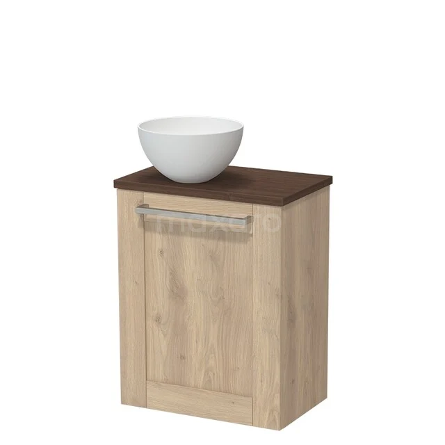 Modulo Pico Toiletmeubel met waskom | 41 cm Lichtbruin eiken Kader front Solid surface waskom TMK10-17921 Houten badkamerkast met witte komvormige wastafel, donkerbruin blad, eikenhout uitstraling en metalen handgreep.