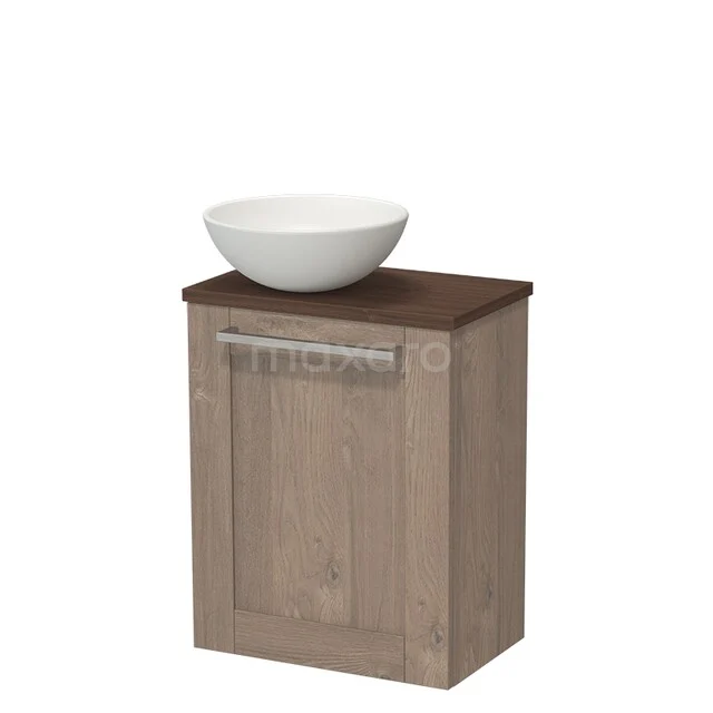 WC-Möbel mit Aufsatzwaschbecken TMK10-17931 Holz-Badschrank mit dunkler Holzplatte und weißem keramischen Aufsatzwaschbecken, stilvoll und kompakt für kleine Bäder.