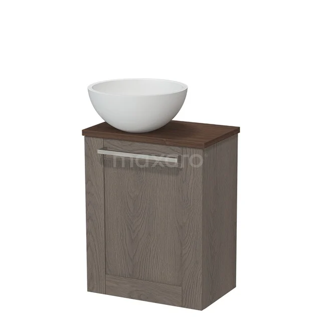 Hölzerner Badschrank mit dunkler Holzplatte und weißem keramischen Aufsatzwaschbecken, kompaktes Design für moderne Bäder.