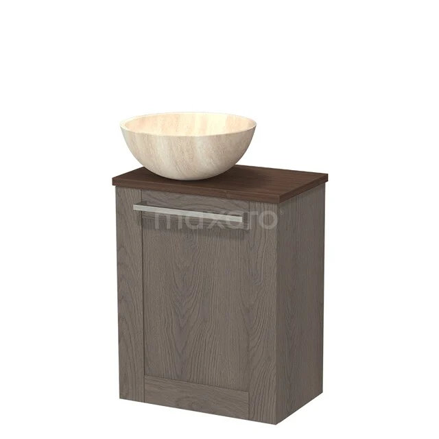 Toiletmeubel met waskom TMK10-17949 Houten badkamerkast met donkerbruin blad en keramische wastafelkom, compact ontwerp geschikt voor moderne badkamers.