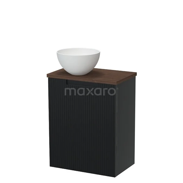 Zwart mat badkamermeubel met houtlook bovenblad en witte ronde waskom, compact ontwerp perfect voor kleine badkamers.