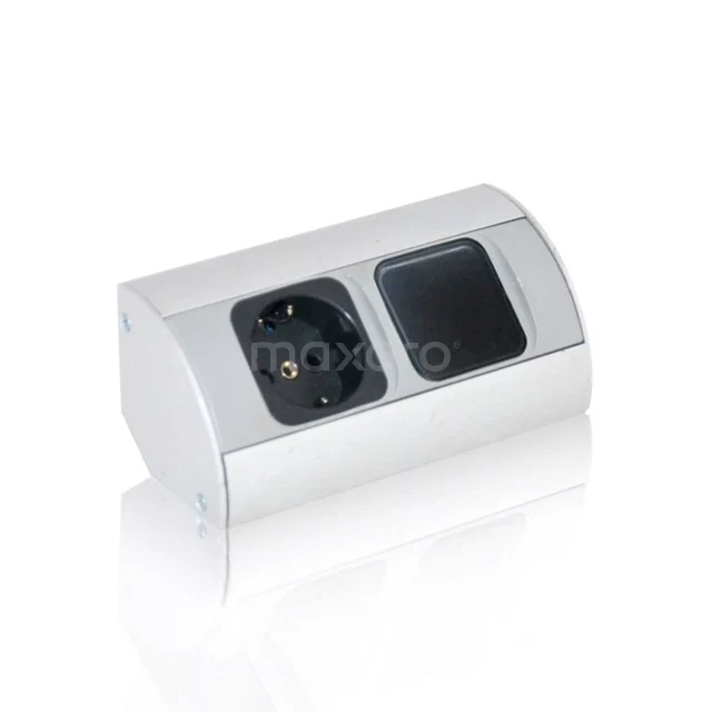 Socket with switch 911011143 Silver-coloured double socket module with sleek design, ideal for modern bathrooms, made of durable plastic.