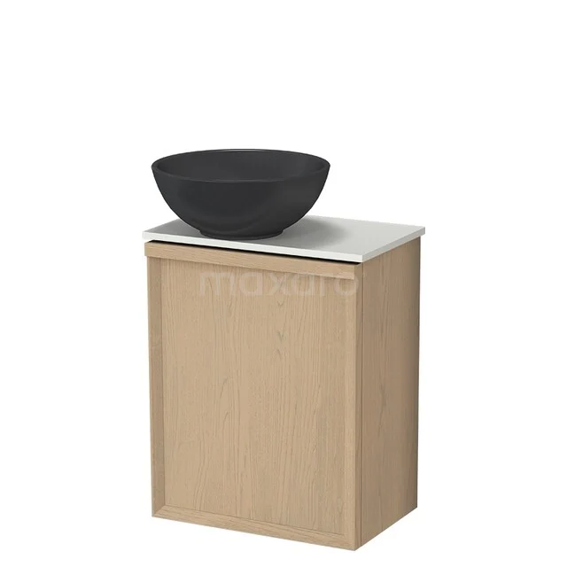 Toilet furniture with countertop wash basins TMK10-18018 Houten badkamermeubel met zwarte waskom, wit marmeren blad en strak design voor moderne badkamers.