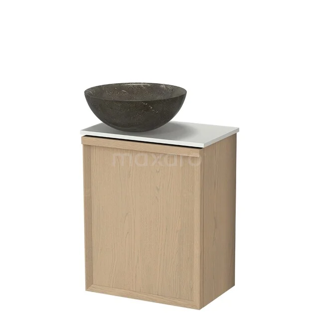 Modulo Plus Pico Toiletmeubel met waskom | 41 cm Naturel eik Facet front Blue Stone Natuursteen waskom TMK10-18029 Houten badkamermeubel met witte wastafel en ronde, donkergrijze kom; compact design voor moderne badkamers.