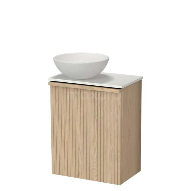 Modulo Plus Pico Toiletmeubel met waskom | 41 cm Naturel eik Ribbel front Mat wit Keramiek waskom TMK10-18035 Houten badkamermeubel met verticale groeven, witte wastafel van keramiek en marmeren blad, geschikt voor moderne badkamers.