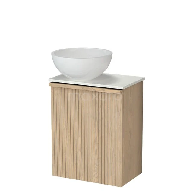 Modulo Plus Pico Toiletmeubel met waskom | 41 cm Naturel eik Ribbel front Hoogglans wit Mineraalmarmer waskom TMK10-18036 Houten badkamerkast met ribbelpatroon, witte wastafelkom en marmeren blad, ideaal voor een stijlvolle en moderne badkamer.