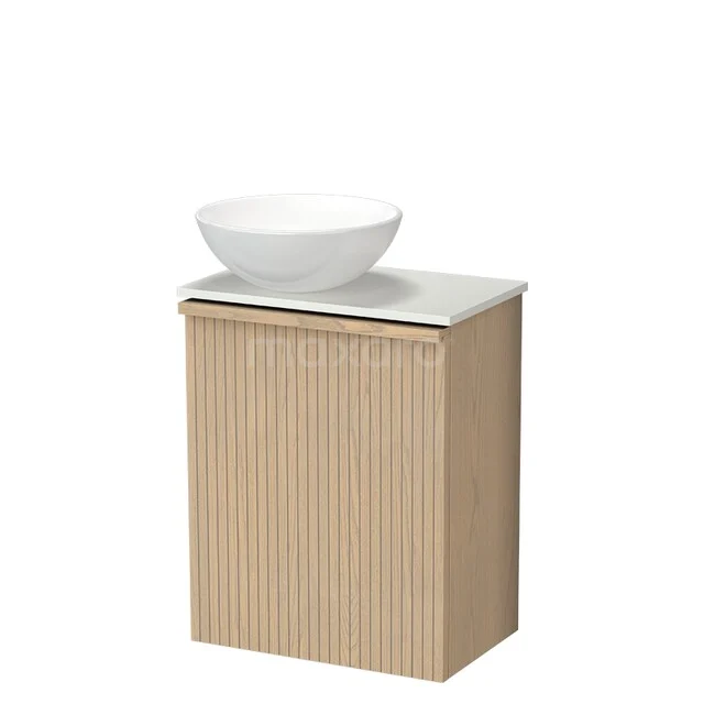 Modulo Plus Pico Toiletmeubel met waskom | 41 cm Naturel eik Ribbel front Hoogglans wit Keramiek waskom TMK10-18045 Houten badkamermeubel met licht eiken ribbelstructuur, witte waskom en marmerlook blad, compact ontwerp voor moderne badkamers.