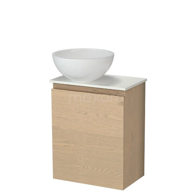 Modulo Plus Pico WC-Möbel mit Aufsatzwaschbecken | 41 cm Natürliche Eiche Grifflose Front Hochglanz Weiß Mineralguss Aufsatzwaschbecken TMK10-18062 Badmöbel Holz mit weißem keramischen Aufsatzwaschbecken, kompaktes Design, modern und geeignet für kleine Bäder.