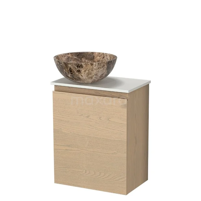 Toilet furniture with countertop wash basins TMK10-18067 Houten badkamermeubel met beige lade, witte bovenplaat en uniek marmeren waskom, ideaal voor een moderne badkamer inrichting.