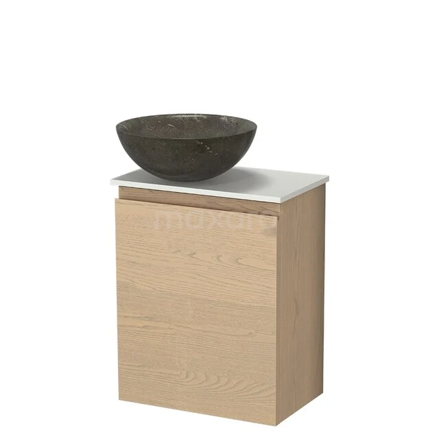Toilet furniture with countertop wash basins TMK10-18068 Houten badkamerkast met enkele deur, wit blad en donkere natuurstenen waskom, perfect voor een moderne badkamerstijl.