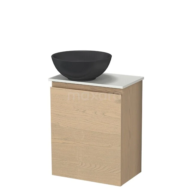 Modulo Plus Pico WC-Möbel mit Aufsatzwaschbecken | 41 cm Natürliche Eiche Grifflose Front Matt Schwarz Quarz Becken TMK10-18070 Holz Badmöbel mit Schwarz Aufsatzwaschbecken, Marmor Platte und schnittigem Design, ideal für eine moderne Badezimmer Einrichtung.