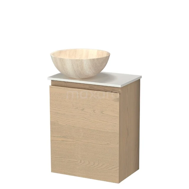 Toilet furniture with countertop wash basins TMK10-18079 Houten badkamermeubel met opzetwastafel van licht hout en wit blad, ideaal voor een moderne en natuurlijke badkamerstijl.