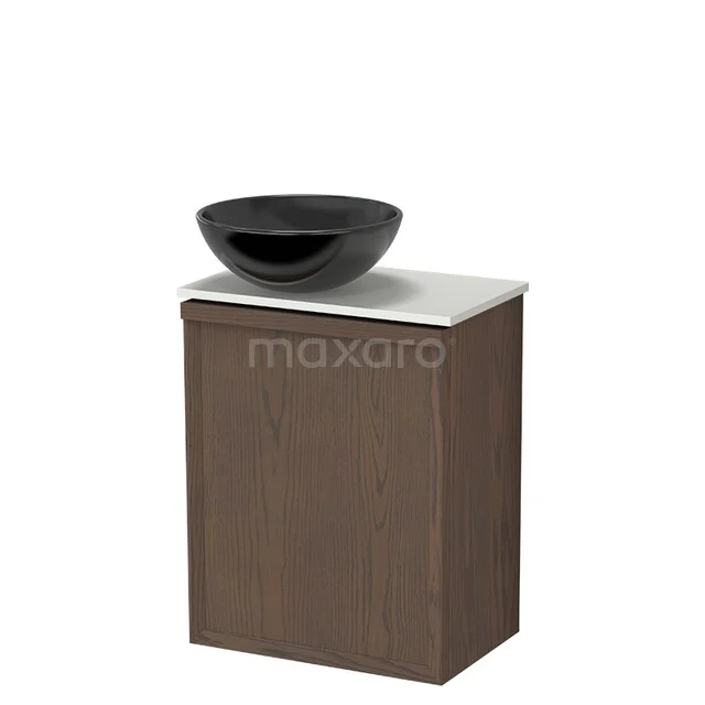 Toilet furniture with countertop wash basins TMK10-18085 Houten badkamerkast met witte wastafelblad en zwarte komvormige wasbak, ideaal voor een moderne badkamerstijl.
