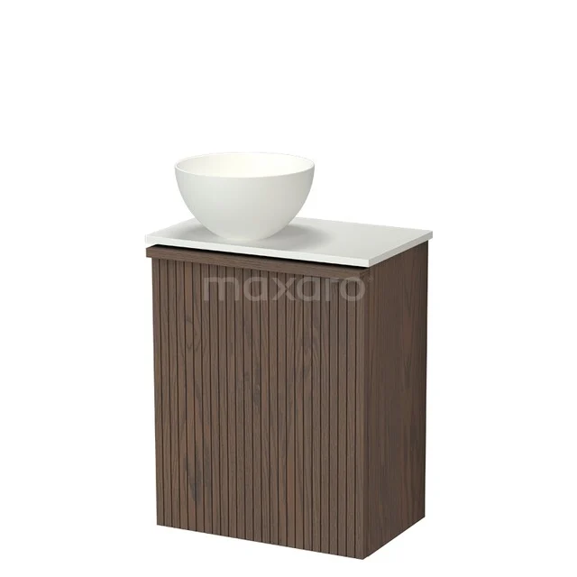 Modulo Plus Pico WC-Möbel mit Aufsatzwaschbecken | 41 cm Kakao Eiche Gerippte Front Matt Weiß Solid Surface Becken TMK10-18129 Holz-Waschtisch mit weißem Aufsatzwaschbecken, Rippstruktur, kompaktes Design, perfekt für ein stilvolles Badezimmer.