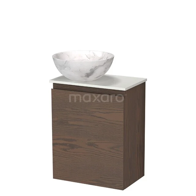 Holz-Badmöbel mit marmorweißen Aufsatzwaschbecken, kompaktes Format, ideal für kleine Bäder, modernes und elegantes Erscheinungsbild.