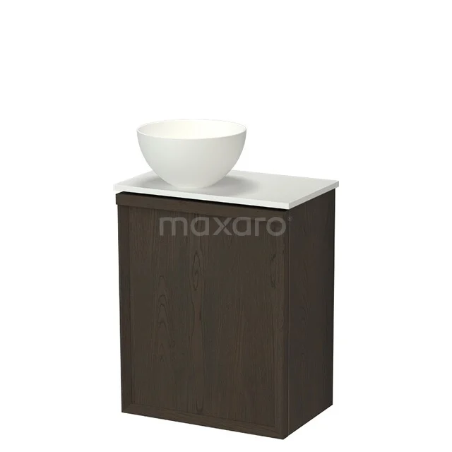 Toilet furniture with countertop wash basins TMK10-18168 Donkere houten badkamerkast met witte wastafelkom, compact design, ideaal voor kleine badkamers.