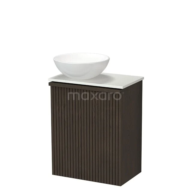 Toilet furniture with countertop wash basins TMK10-18188 Houten badkamermeubel met verticaal ribbelpatroon, witte waskom en marmeren blad, stijlvol design voor moderne badkamers.