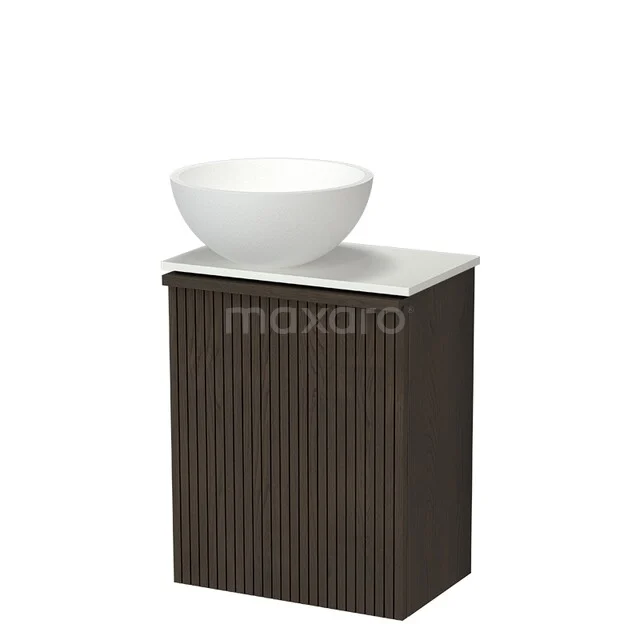 Modulo Plus Pico Toiletmeubel met waskom | 41 cm Espresso eik Ribbel front Mat wit Solid surface waskom TMK10-18193 Houten badkamermeubel met witte waskom, verticale ribbelstructuur en compact design. Perfect voor een moderne badkamer.
