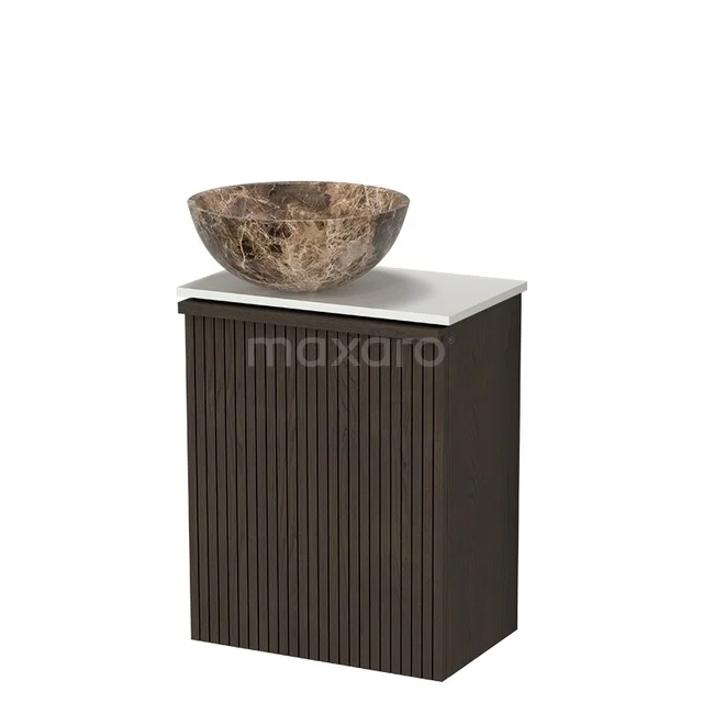 Toilet furniture with countertop wash basins TMK10-18210 Donkere badkamerkast met ribbelpatroon, wit marmeren blad en unieke natuurstenen waskom voor moderne badkamerstijl.