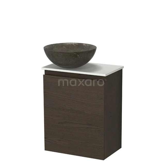 Modulo Plus Pico Toiletmeubel met waskom | 41 cm Espresso eik Greeploos front Blue Stone Natuursteen waskom TMK10-18224 Donker houten badkamermeubel met wit blad en een ronde, grijze natuurstenen waskom, ideaal voor een stijlvolle badkamer.