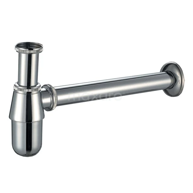 Chromfarbener Siphon aus Edelstahl, elegantes Design mit zylindrischen Formen, ideal für den Einsatz im modernen Badezimmer.