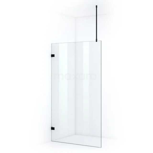 Glass shower screen with clear glass, minimalist design and black fixings, ideal for a modern bathroom style.