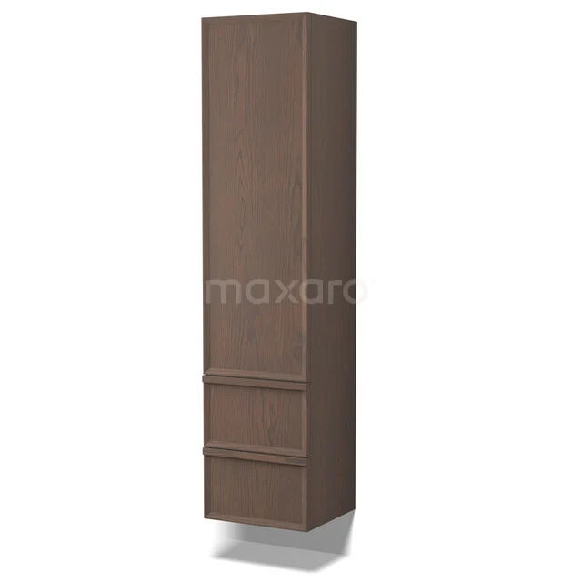 Brown wooden bathroom cabinet with a sleek design, two drawers and a door, ideal for storage space in modern bathrooms.