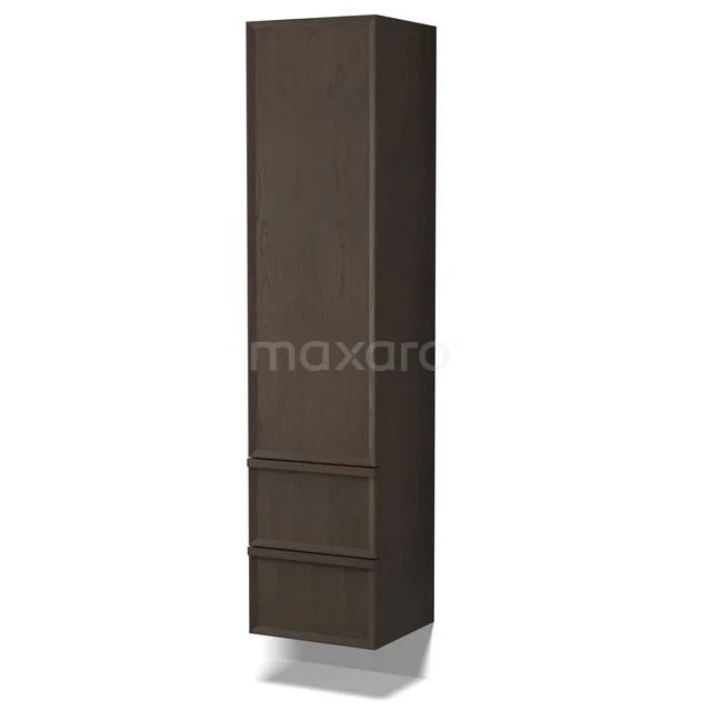 Dark wooden bathroom cabinet with vertical structure, two drawers and modern design for stylish storage space in the bathroom.