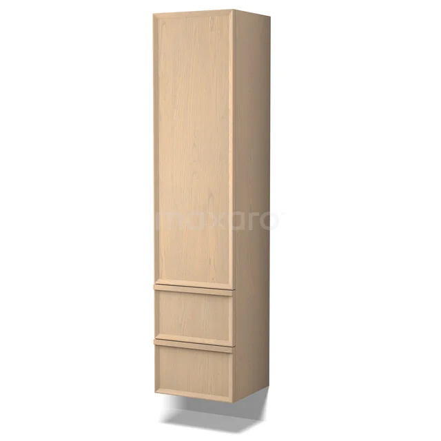 Holz-Badschrank mit schlanker Form, beiger Farbe und zwei Schubladen, ideal für stilvollen Stauraum im Badezimmer.