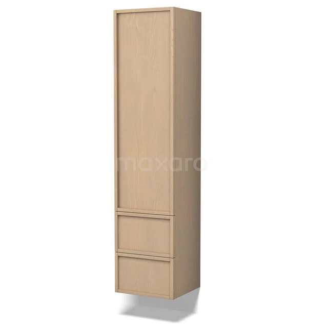 Hoge badkamerkast, eikenhout, modern design met 2 lades en een deur, perfecte opbergruimte voor een georganiseerde badkamer.