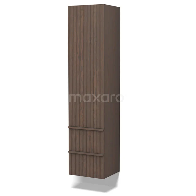 Hoher Holz-Badschrank in dunkler Wengé-Farbe mit zwei Schubladen und moderner Verarbeitung, perfekt für stilvolle Badezimmerlagerung.