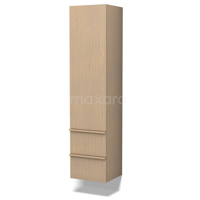 Hoge houten badkamerkast met een natuurlijke eiken finish en twee lades, ideaal voor praktische opbergruimte in de badkamer.