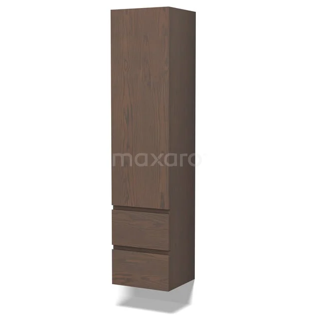 Lungo Plus Badkamerkast | 170 cm Cacao eik Greeploos front 3 vakken + 2 lades BKK10-00089 Hoge badkamerkast houtlook met twee laden en één deur, ideaal voor extra opbergruimte in een moderne badkamer.